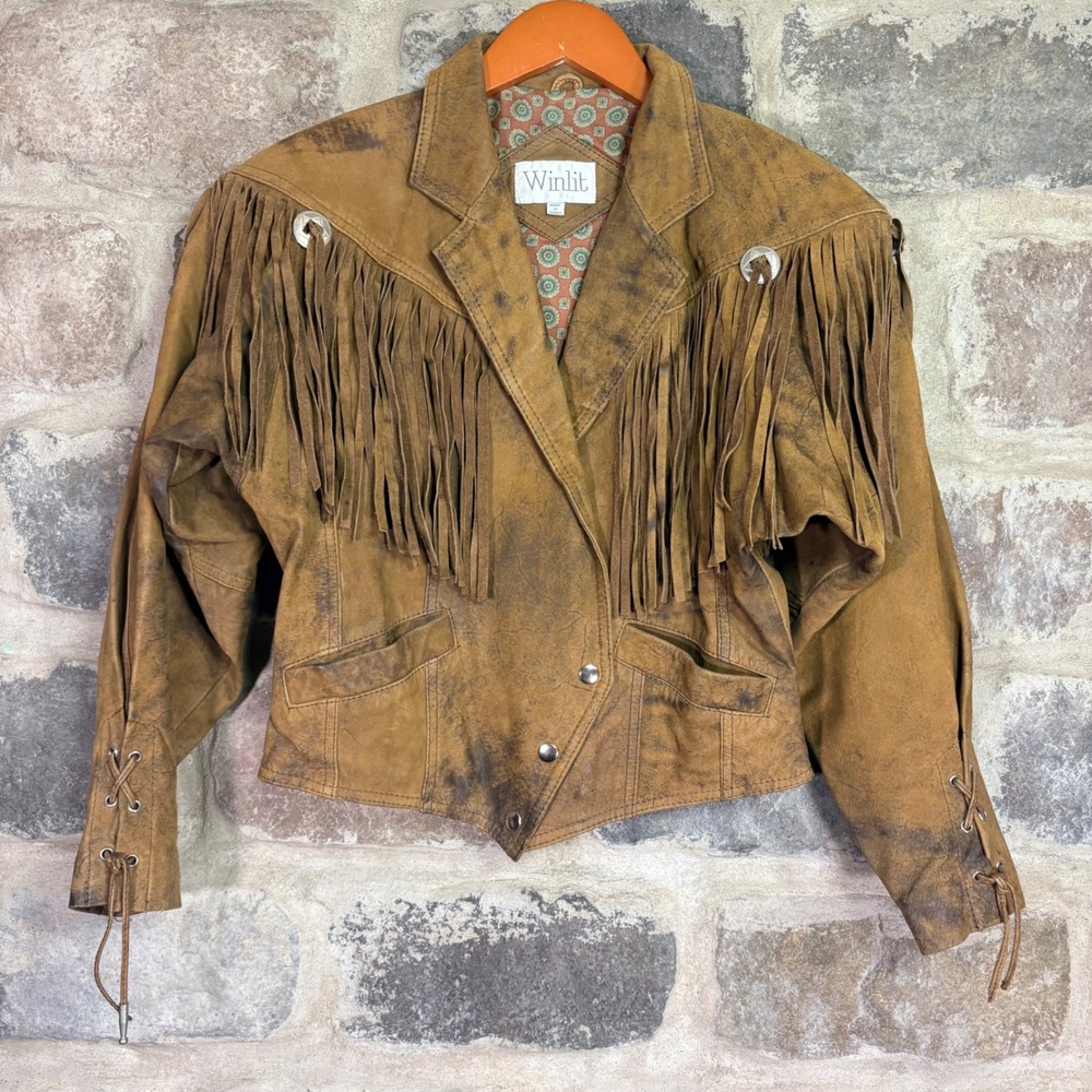 Winlit Vintage Womens Brown Leather Fringe Western Jacket Lace Up Back Size S